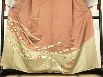 平和屋着物▽訪問着　単衣　駒刺繍　熨斗花文　金彩　正絹　逸品　AABH8615jh