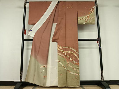 平和屋着物▽訪問着　単衣　駒刺繍　熨斗花文　金彩　正絹　逸品　AABH8615jh