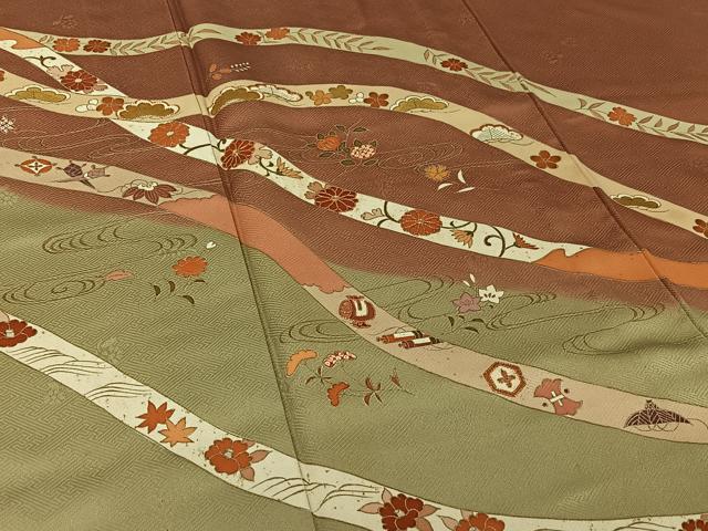 平和屋着物▽訪問着　単衣　駒刺繍　熨斗花文　金彩　正絹　逸品　AABH8615jh