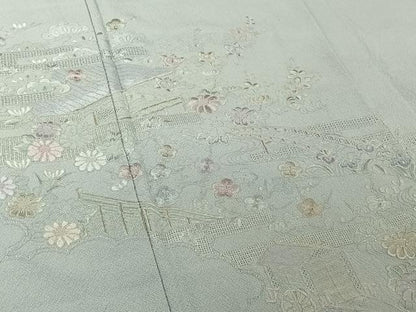 平和屋着物▽訪問着　単衣　中国三大刺繍　汕頭刺繍　スワトウ刺繍　総刺繍　風景花文　正絹　逸品　AABH8619jh