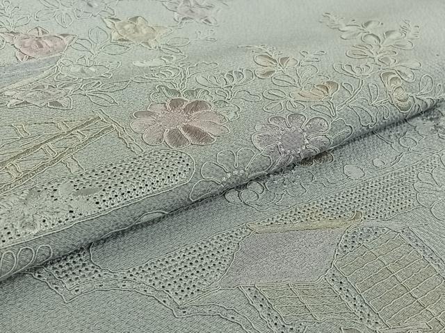 平和屋着物▽訪問着　単衣　中国三大刺繍　汕頭刺繍　スワトウ刺繍　総刺繍　風景花文　正絹　逸品　AABH8619jh