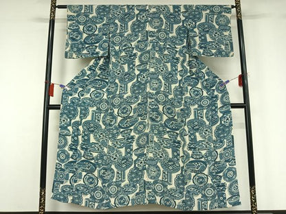 平和屋着物▽上質な小紋　単衣　藍　型染め　陶器花文　鬼しぼ縮緬　正絹　逸品　AABH8621jh