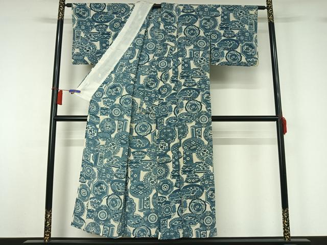 平和屋着物▽上質な小紋　単衣　藍　型染め　陶器花文　鬼しぼ縮緬　正絹　逸品　AABH8621jh