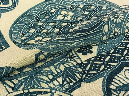 平和屋着物▽上質な小紋　単衣　藍　型染め　陶器花文　鬼しぼ縮緬　正絹　逸品　AABH8621jh