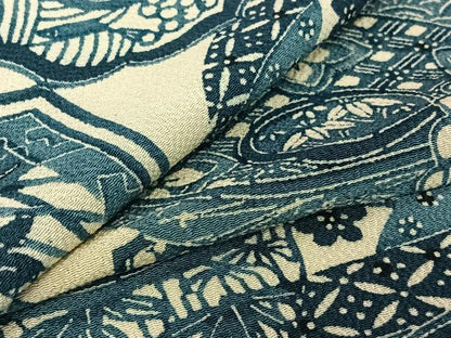 平和屋着物▽上質な小紋　単衣　藍　型染め　陶器花文　鬼しぼ縮緬　正絹　逸品　AABH8621jh