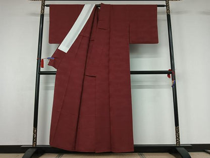 平和屋着物▽上質な色無地　単衣　雲取り地紋　葡萄茶色　正絹　逸品　AABH8624jh