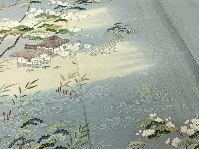 平和屋着物▽訪問着　単衣　友禅　風景花文　暈し染め　金彩　正絹　逸品　AABH8625jh