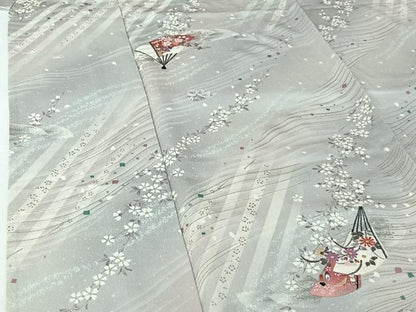 平和屋着物▽上質な小紋　単衣　扇面花文　暈し染め　金銀彩　正絹　逸品　AABH8626jh