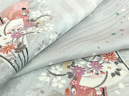 平和屋着物▽上質な小紋　単衣　扇面花文　暈し染め　金銀彩　正絹　逸品　AABH8626jh