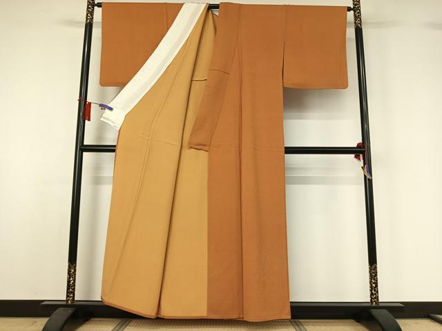 平和屋着物▽江戸小紋　単衣　万筋　杏色×褐色　正絹　逸品　AABH8627jh