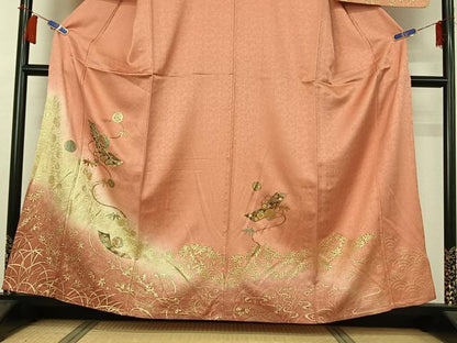平和屋着物▽訪問着　単衣　短冊花蝶文　暈し染め　金彩　正絹　逸品　AABH8629jh