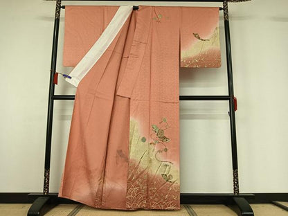 平和屋着物▽訪問着　単衣　短冊花蝶文　暈し染め　金彩　正絹　逸品　AABH8629jh