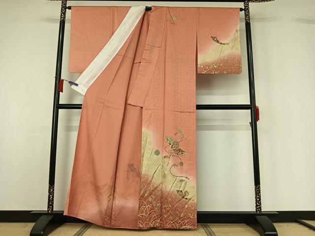 平和屋着物▽訪問着　単衣　短冊花蝶文　暈し染め　金彩　正絹　逸品　AABH8629jh