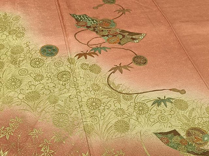 平和屋着物▽訪問着　単衣　短冊花蝶文　暈し染め　金彩　正絹　逸品　AABH8629jh