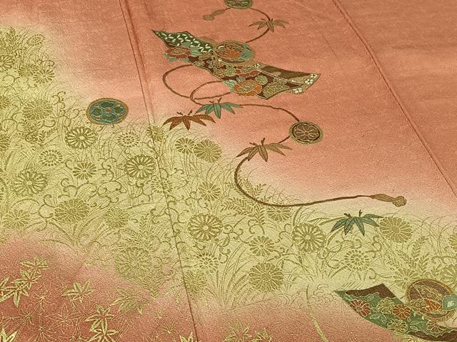 平和屋着物▽訪問着　単衣　短冊花蝶文　暈し染め　金彩　正絹　逸品　AABH8629jh