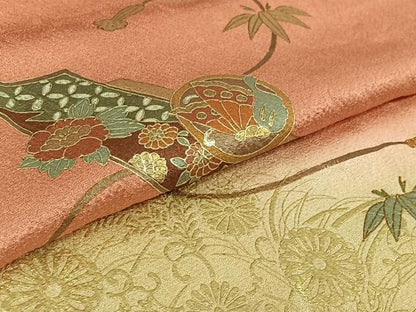 平和屋着物▽訪問着　単衣　短冊花蝶文　暈し染め　金彩　正絹　逸品　AABH8629jh