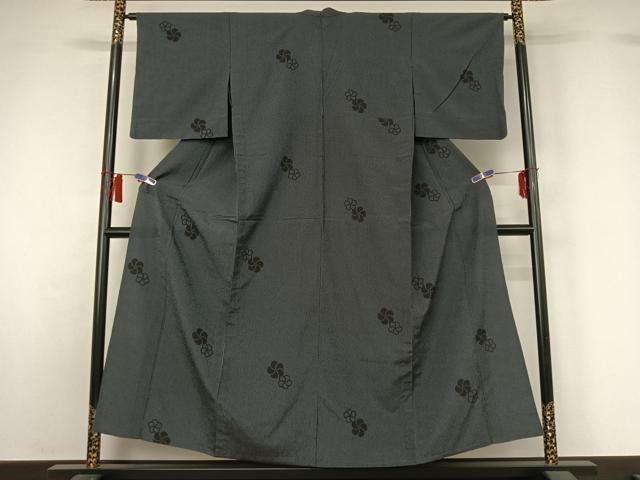 平和屋着物▽本塩沢　単衣　舞花文　黒地　正絹　逸品　AABH8632jh