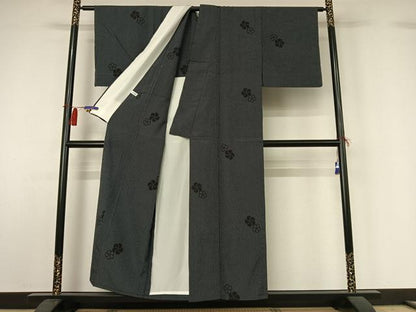 平和屋着物▽本塩沢　単衣　舞花文　黒地　正絹　逸品　AABH8632jh
