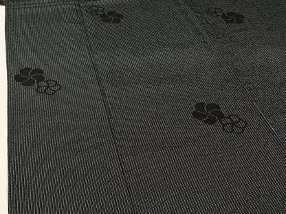 平和屋着物▽本塩沢　単衣　舞花文　黒地　正絹　逸品　AABH8632jh