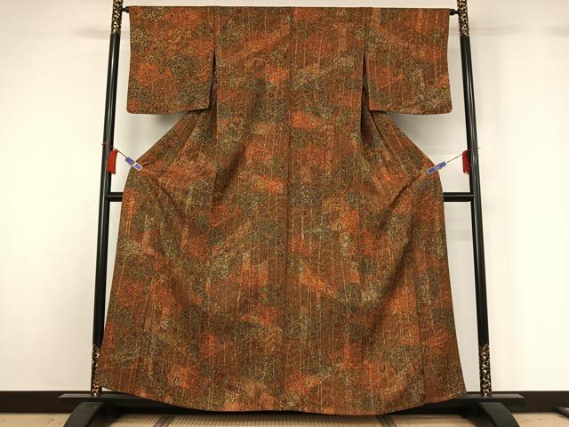 平和屋着物▽上質な小紋　単衣　手描き　切嵌更紗花文　正絹　逸品　AABH8635jh