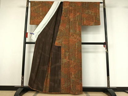 平和屋着物▽上質な小紋　単衣　手描き　切嵌更紗花文　正絹　逸品　AABH8635jh