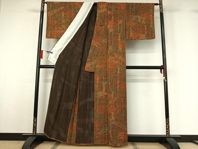 平和屋着物▽上質な小紋　単衣　手描き　切嵌更紗花文　正絹　逸品　AABH8635jh