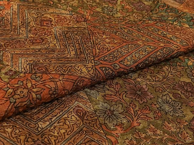 平和屋着物▽上質な小紋　単衣　手描き　切嵌更紗花文　正絹　逸品　AABH8635jh