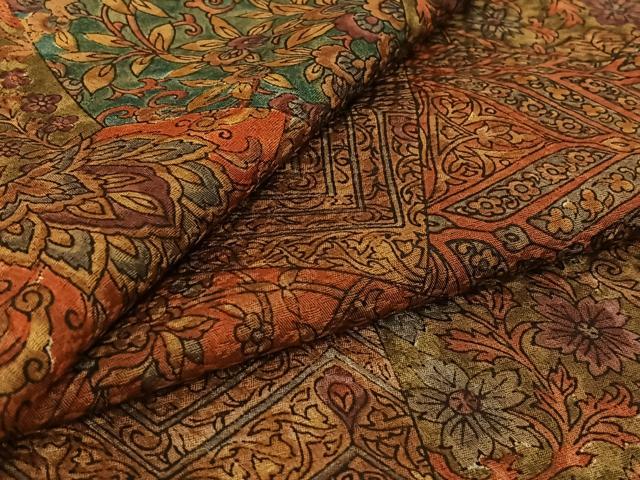 平和屋着物▽上質な小紋　単衣　手描き　切嵌更紗花文　正絹　逸品　AABH8635jh