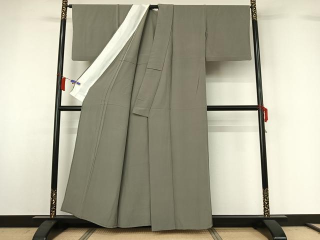 平和屋着物▽上質な色無地 単衣 利休鼠色 鬼しぼ縮緬 正絹