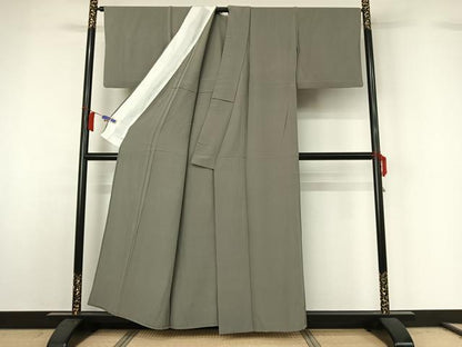 平和屋着物▽上質な色無地　単衣　利休鼠色　鬼しぼ縮緬　正絹　逸品　AABH8637jh