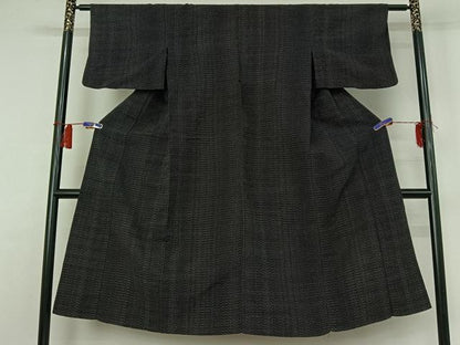平和屋着物▽上質な紬　単衣　変わり縞　黒地　正絹　逸品　AABH8641jh