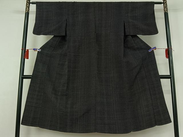 平和屋着物▽上質な紬　単衣　変わり縞　黒地　正絹　逸品　AABH8641jh