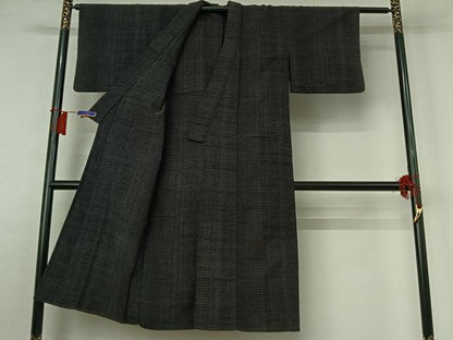 平和屋着物▽上質な紬　単衣　変わり縞　黒地　正絹　逸品　AABH8641jh