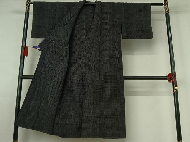 平和屋着物▽上質な紬　単衣　変わり縞　黒地　正絹　逸品　AABH8641jh