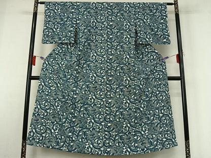 平和屋着物▽上質な小紋　単衣　花唐草文　正絹　逸品　AABH8642jh