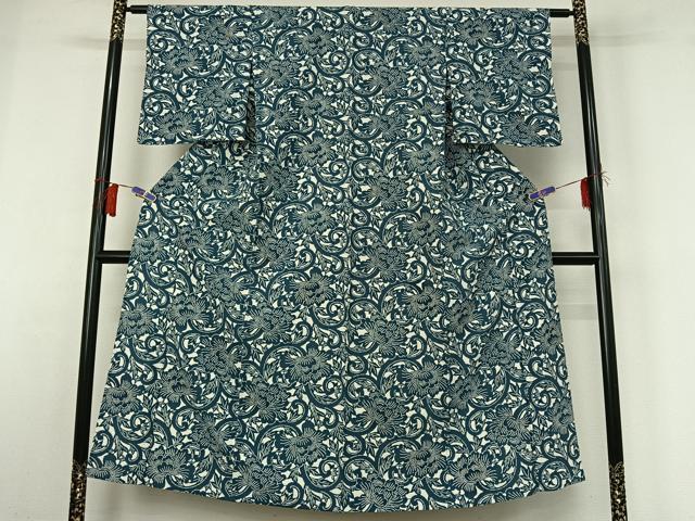 平和屋着物▽上質な小紋　単衣　花唐草文　正絹　逸品　AABH8642jh