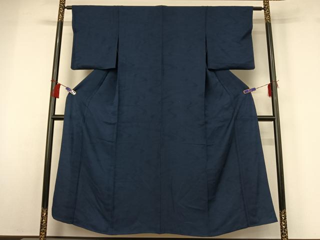 平和屋着物▽上質な色無地　単衣　流水花地紋　濃藍色　正絹　逸品　AABH8644jh