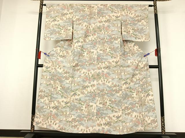 平和屋着物▽上質な小紋　単衣　風景人物花文　正絹　逸品　AABH8645jh