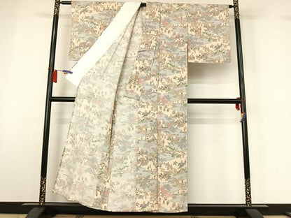 平和屋着物▽上質な小紋　単衣　風景人物花文　正絹　逸品　AABH8645jh