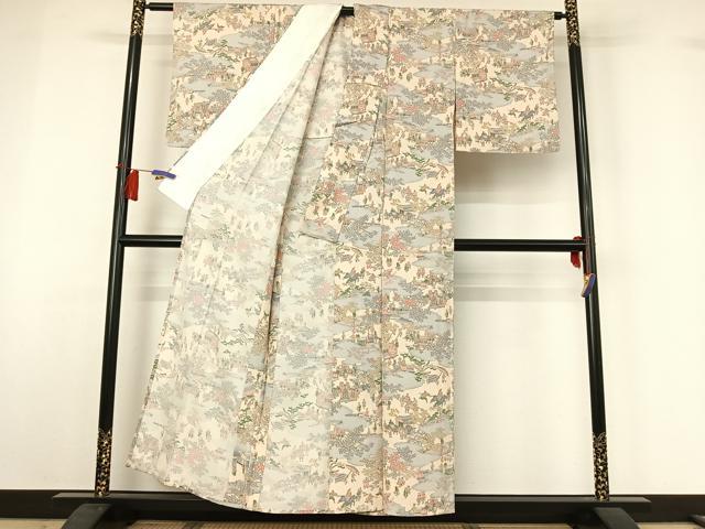 平和屋着物▽上質な小紋　単衣　風景人物花文　正絹　逸品　AABH8645jh