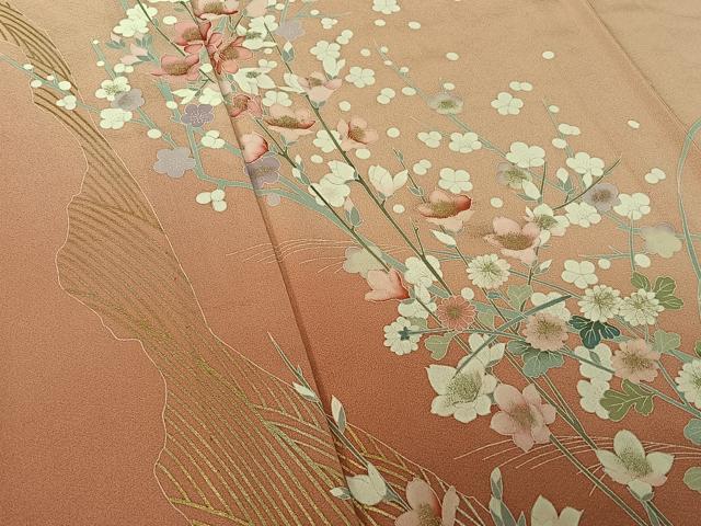 平和屋着物▽訪問着　単衣　枝花文　暈し染め　金銀彩　正絹　逸品　AABH8648jh