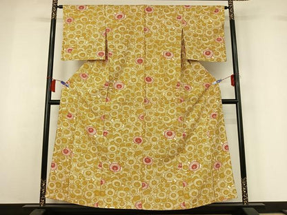 平和屋着物▽上質な小紋　単衣　紬地　型染め　花尽くし文　正絹　逸品　AABH8649jh