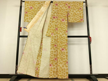 平和屋着物▽上質な小紋　単衣　紬地　型染め　花尽くし文　正絹　逸品　AABH8649jh