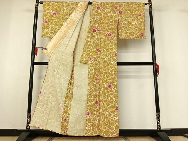 平和屋着物▽上質な小紋　単衣　紬地　型染め　花尽くし文　正絹　逸品　AABH8649jh