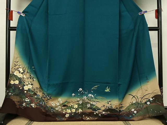 平和屋着物▽英王室献上友禅作家　木下勝功　訪問着　単衣　花鳥文　暈し染め　金銀彩　正絹　逸品　AABH8653jh