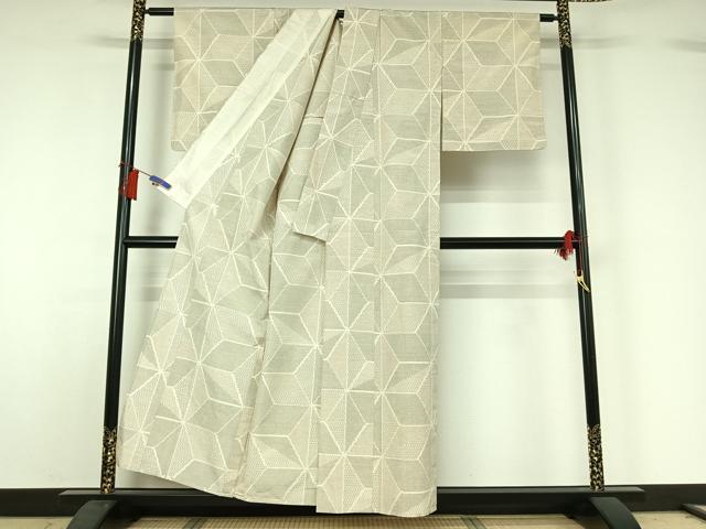 平和屋着物▽上質な紬　単衣　麻の葉文様　正絹　逸品　AABH8664jh