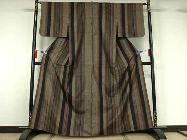 平和屋着物▽本場大島紬　単衣　9マルキ　縞　正絹　逸品　AABH8665jh
