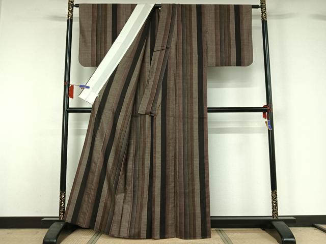 平和屋着物▽本場大島紬　単衣　9マルキ　縞　正絹　逸品　AABH8665jh