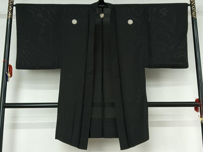 平和屋着物▽男性　黒紋付　羽織　暗黒色　正絹　逸品　AABH8674jh