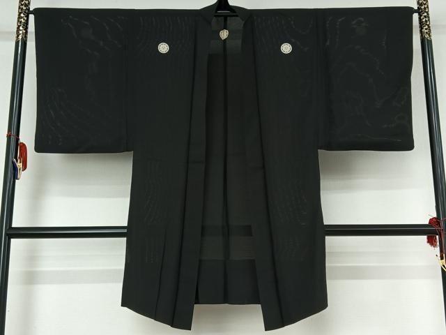 平和屋着物▽男性　黒紋付　羽織　暗黒色　正絹　逸品　AABH8674jh